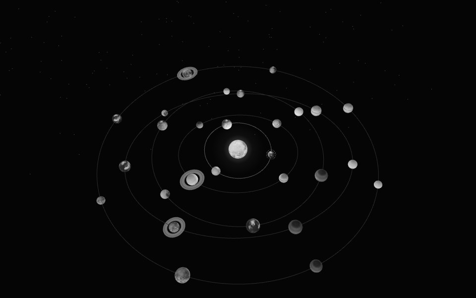 A monochrome three-dimensional solar-system overview of the portfolio projects.